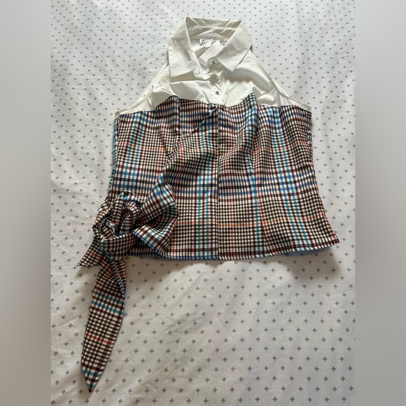 New York & Company Multicolor Plaid Halter Blouse - Picture 3 of 9